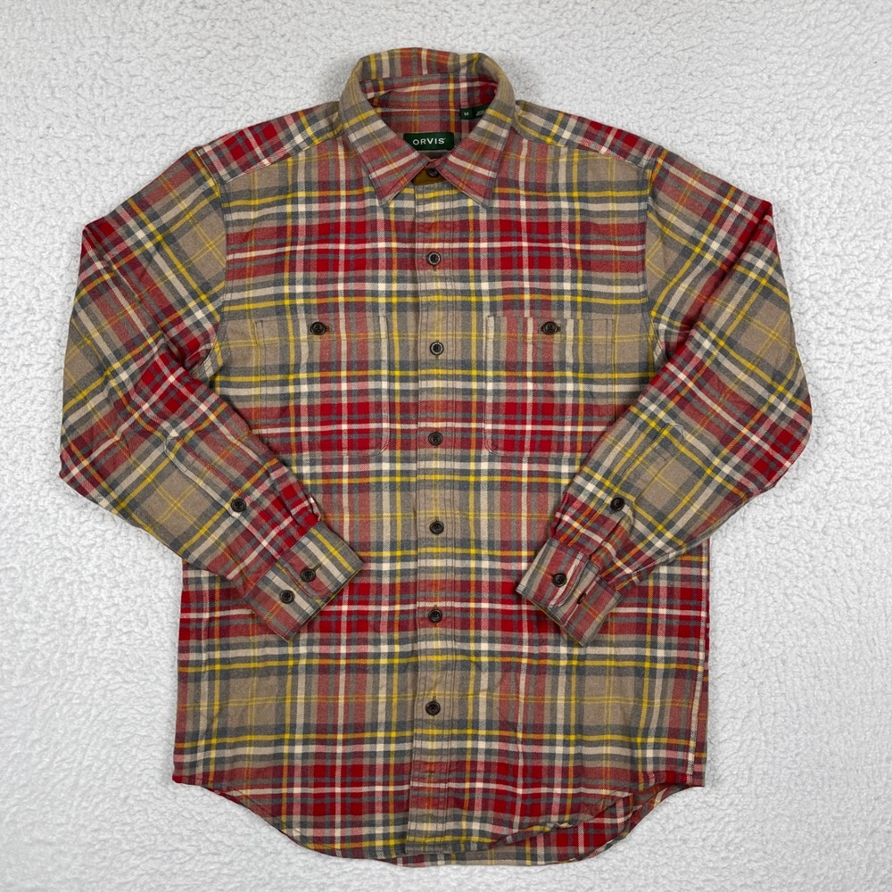 Orvis Perfect Flannel Shirt Mens Medium Red‎ Yellow Plaid Long Sleeve Outdoor